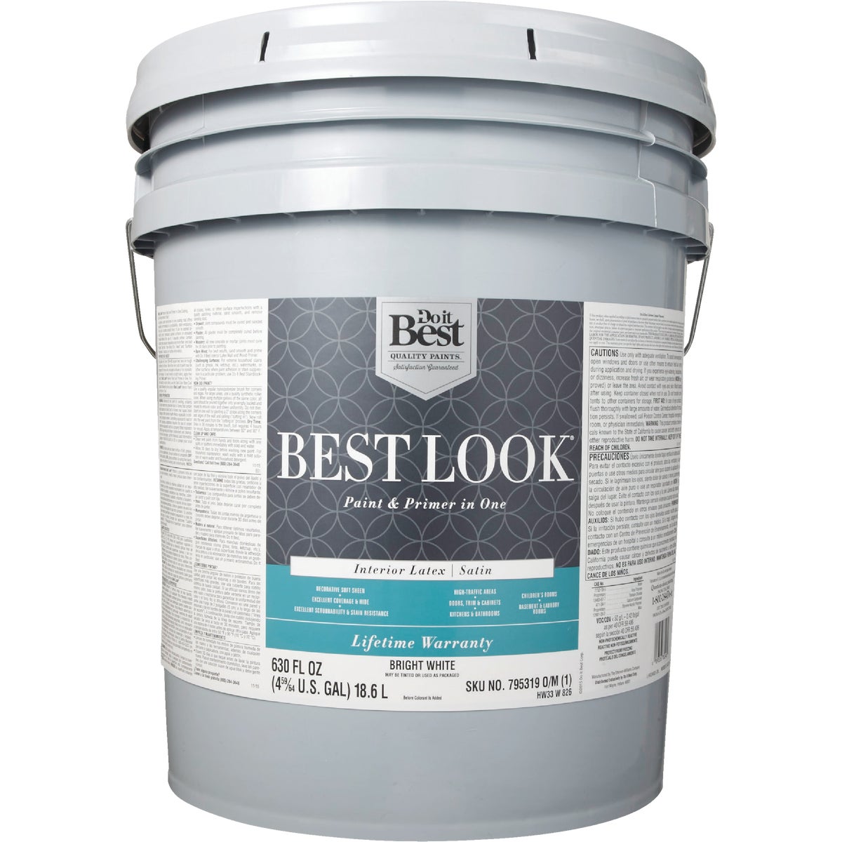 Best Look Latex Paint & Primer In One Satin Interior Wall Paint, Bright White, 5 Gal.