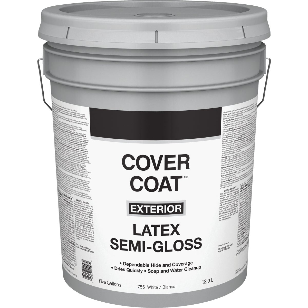 Cover Coat Latex Semi-Gloss Exterior House Paint, White, 5 Gal.