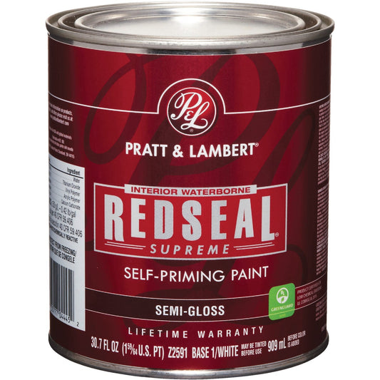 Pratt & Lambert Redseal Supreme Latex Semi-Gloss Interior Wall Paint, Base 1 White, 1 Qt.