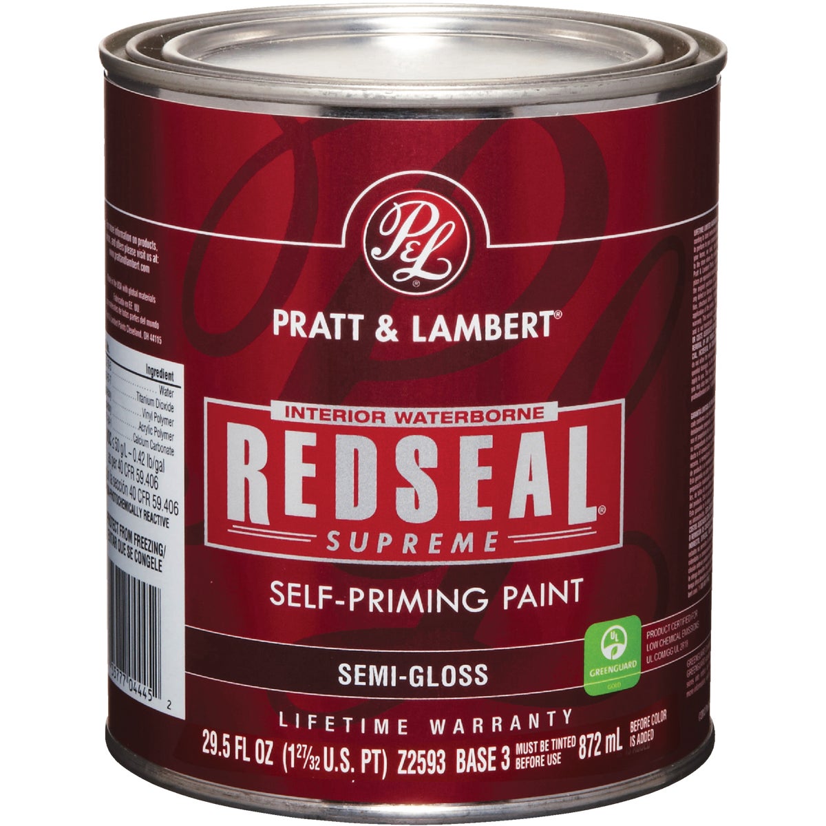 Pratt & Lambert Redseal Supreme Latex Semi-Gloss Interior Wall Paint, Base 3, 1 Qt.