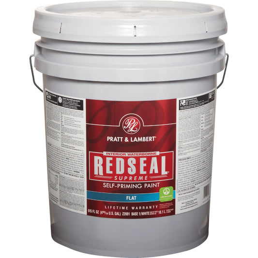 Pratt & Lambert Redseal Supreme Latex Flat Interior Wall Paint, Base 1 White, 5 Gal.