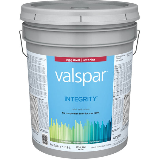 Valspar Integrity Latex Paint And Primer Eggshell Interior Wall Paint, White, 5 Gal.