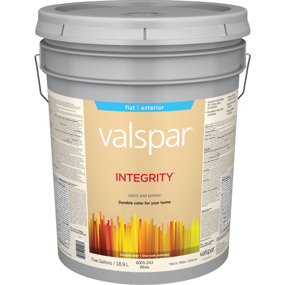 Valspar Integrity Latex Paint And Primer Flat Exterior House Paint, White, 5 Gal.