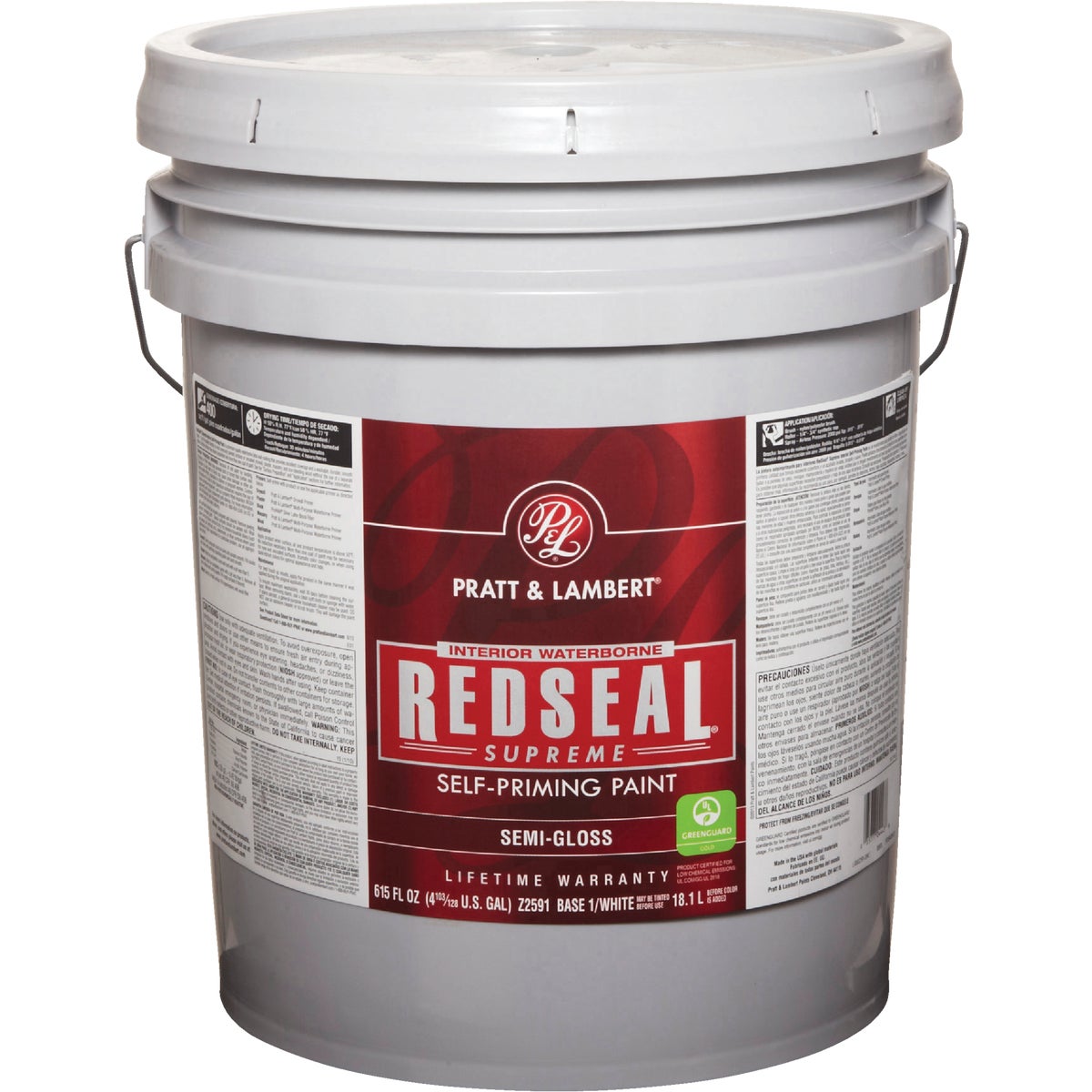 Pratt & Lambert Redseal Supreme Latex Semi-Gloss Interior Wall Paint, Base 1 White, 5 Gal.