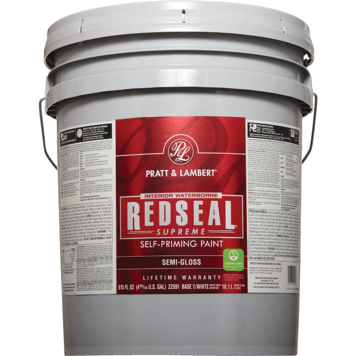 Pratt & Lambert Redseal Supreme Latex Semi-Gloss Interior Wall Paint, Base 1 White, 5 Gal.