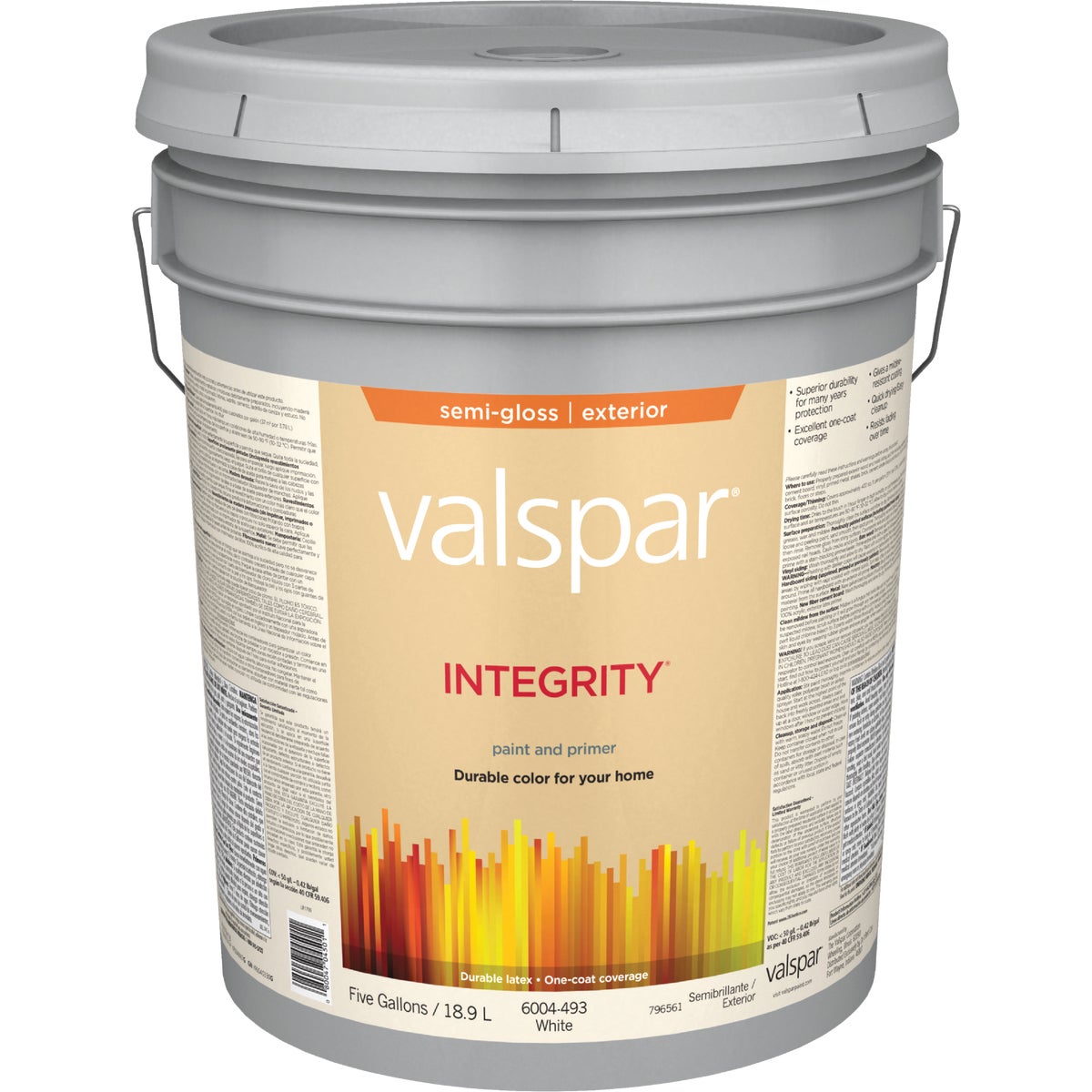 Valspar Integrity Latex Paint And Primer Semi-Gloss Exterior House Paint, White, 5 Gal.