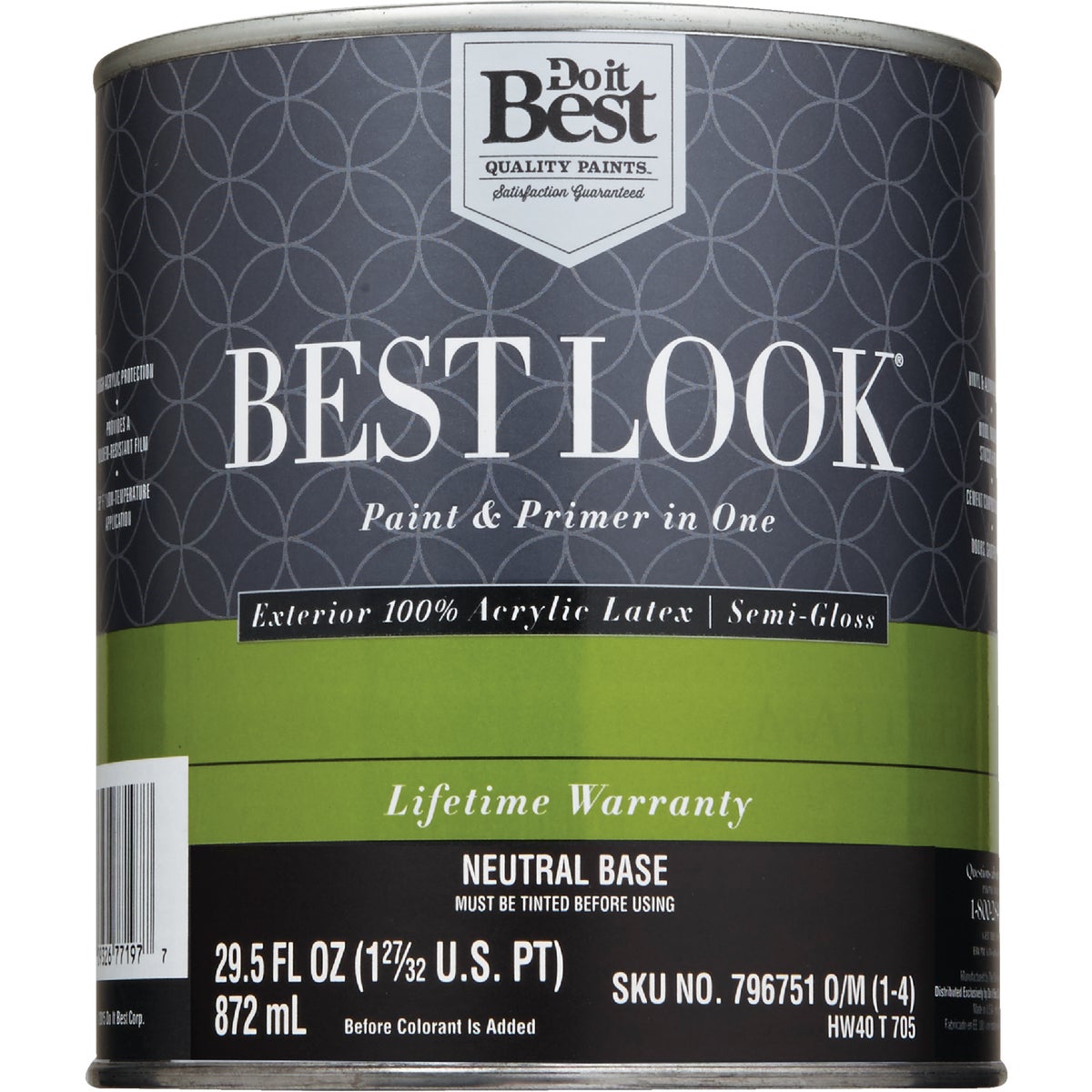 Best Look 100% Acrylic Latex Paint & Primer In One Semi-Gloss Exterior House Paint, Neutral Base, 1 Qt.