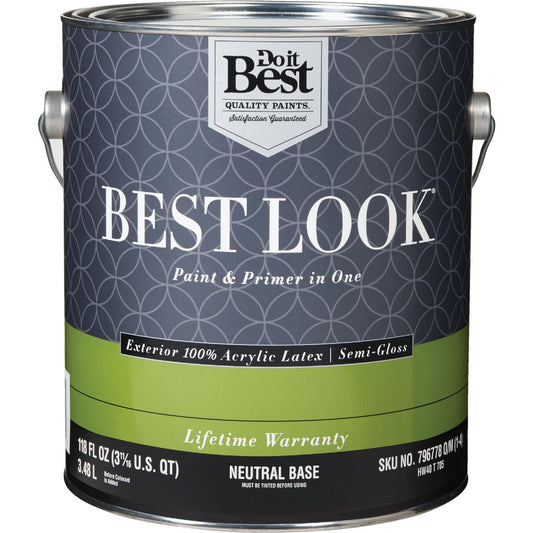 Best Look 100% Acrylic Latex Paint & Primer In One Semi-Gloss Exterior House Paint, Neutral Base, 1 Gal.