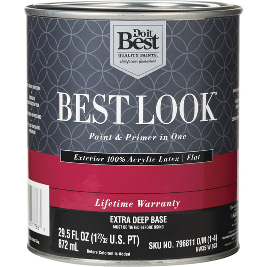 Best Look 100% Acrylic Latex Paint & Primer In One Flat Exterior House Paint, Exra Deep Base, 1 Qt.