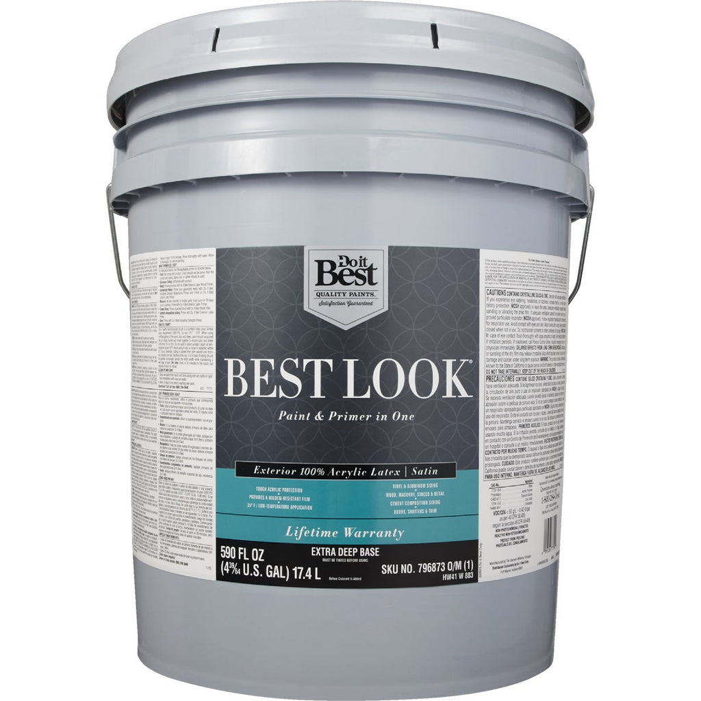 Best Look 100% Acrylic Latex Paint & Primer In One Satin Exterior House Paint, Extra Deep Base, 5 Gal.