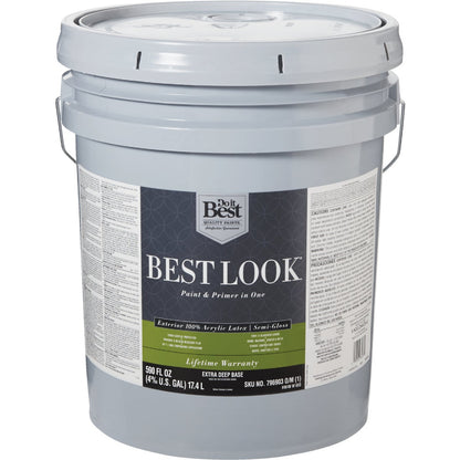 Best Look 100% Acrylic Latex Paint & Primer In One Semi-Gloss Exterior House Paint, Extra Deep Base, 5 Gal.