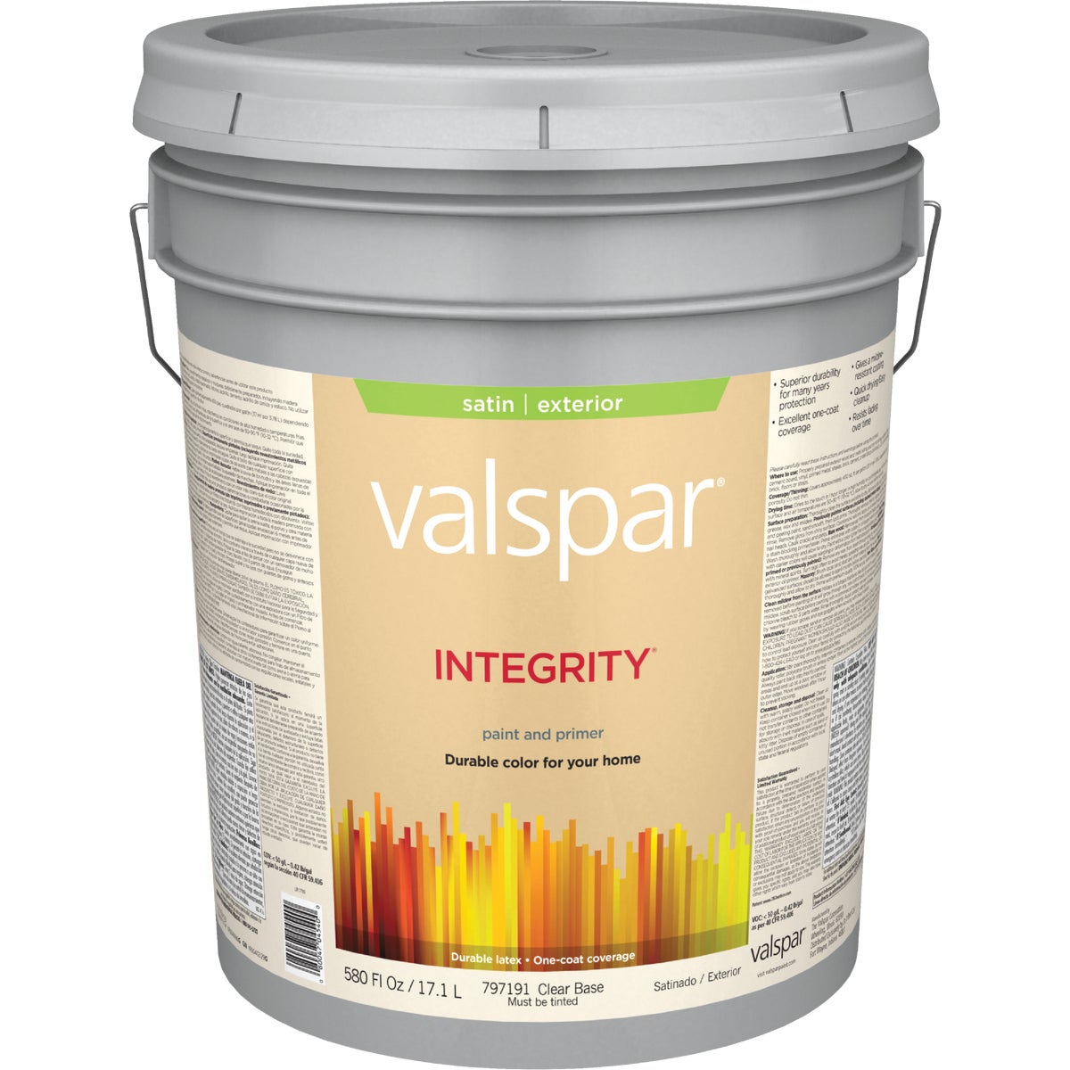 Valspar Integrity Latex Paint And Primer Satin Exterior House Paint, Clear Base, 5 Gal.