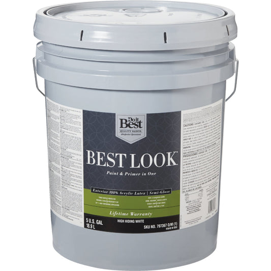 Best Look 100% Acrylic Latex Paint & Primer In One Semi-Gloss Exterior House Paint, High Hiding White, 5 Gal.