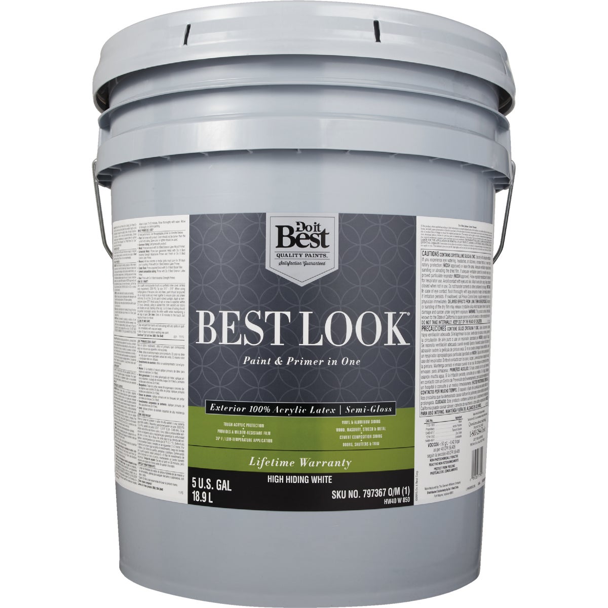 Best Look 100% Acrylic Latex Paint & Primer In One Semi-Gloss Exterior House Paint, High Hiding White, 5 Gal.