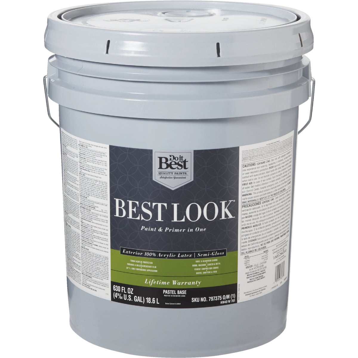 Best Look 100% Acrylic Latex Paint & Primer In One Semi-Gloss Exterior House Paint, Pastel Base, 5 Gal.