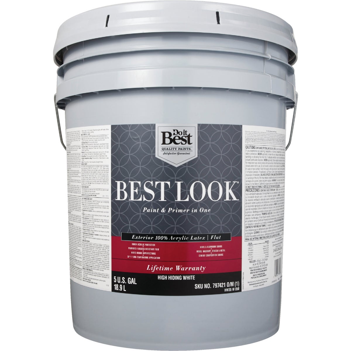 Best Look 100% Acrylic Latex Paint & Primer In One Flat Exterior House Paint, High Hiding White, 5 Gal.