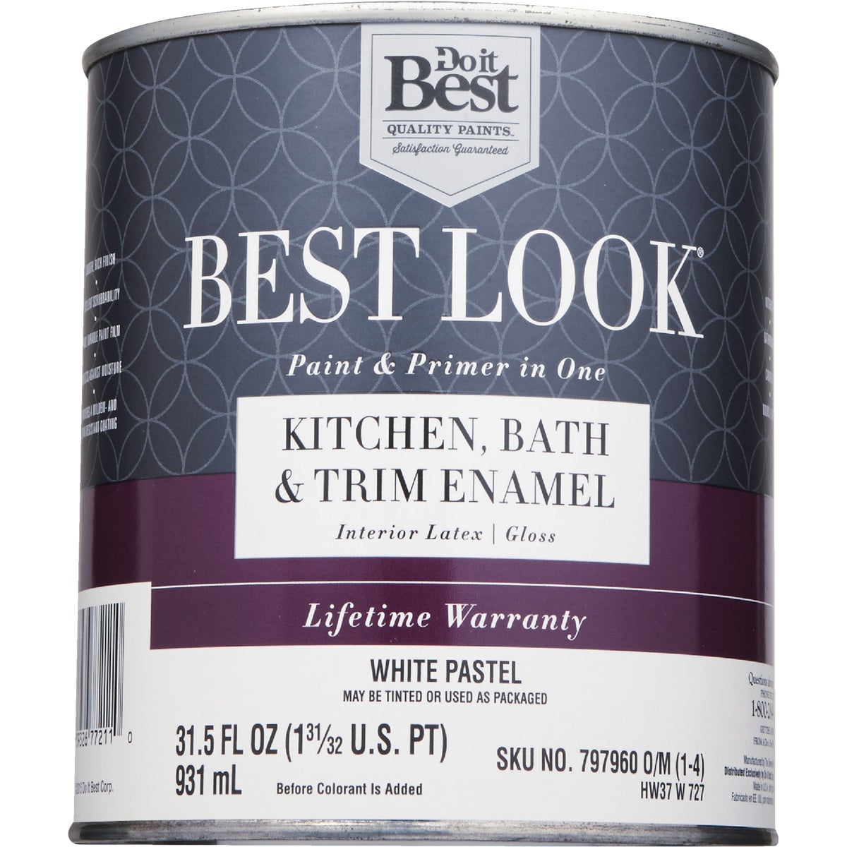 Best Look Latex Paint & Primer In One Kitchen Bath & Trim Enamel Gloss Interior Wall Paint, White-Pastel Base, 1 Qt.