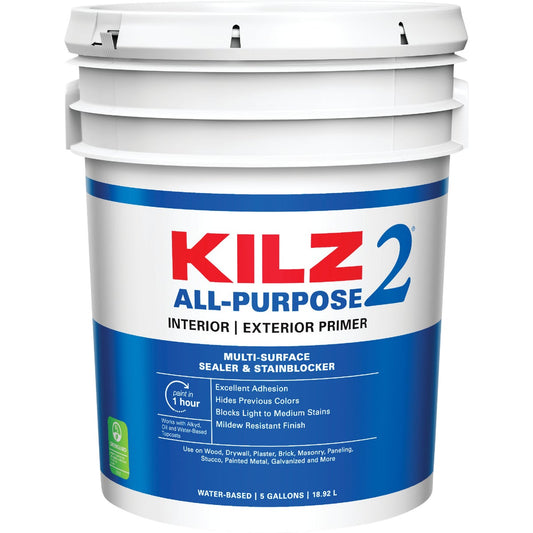 KILZ 2 Latex Interior/Exterior Sealer Stain Blocking Primer, White, 5 Gal.