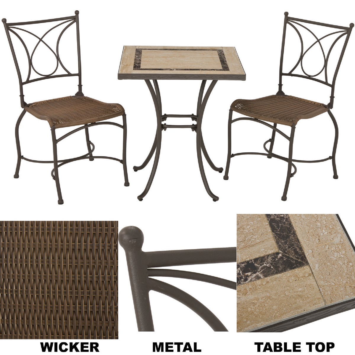 Florence 3-Piece Bistro Set with Wicker Seats