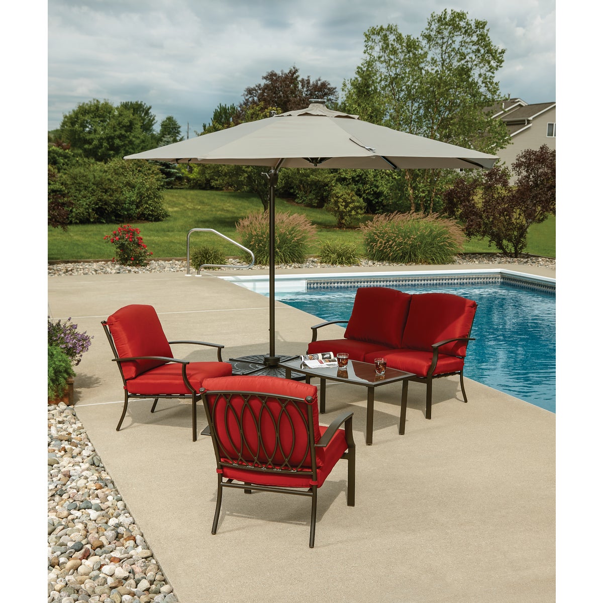 Outdoor Expressions 10 Ft. Offset Cream Patio Umbrella with Solar LED Light