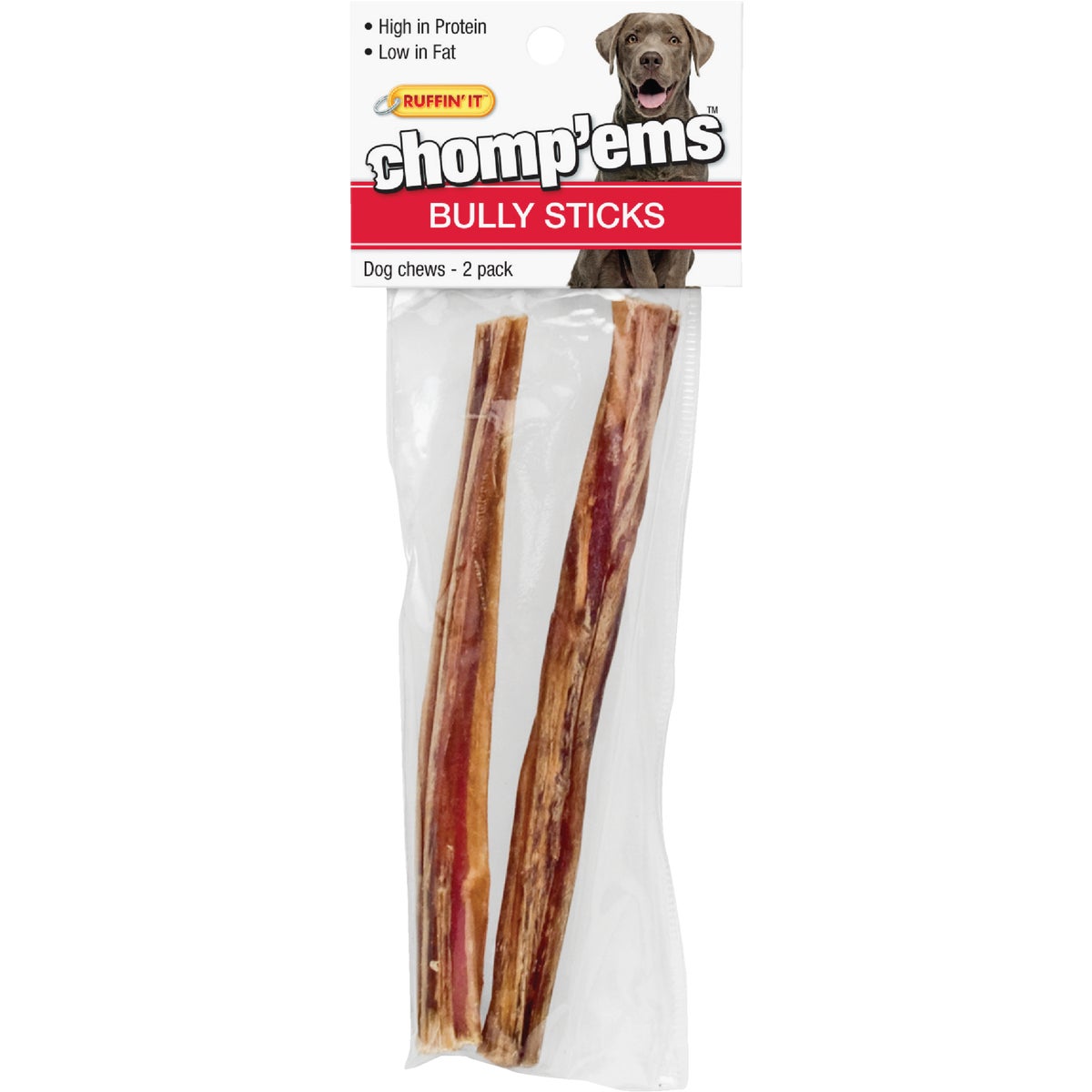 Ruffin' it Chomp'ems Bully Stick Medium & Large Dog Beef Flavor Chewy Dog Treat (2-Pack)