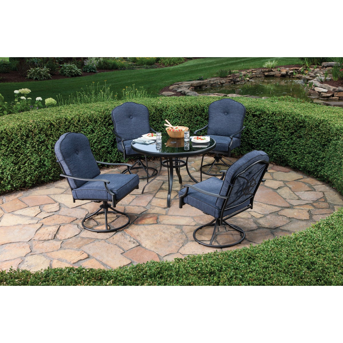 Outdoor Expressions Woodbridge 5-Piece Swivel Chair Dining Set with Cushions