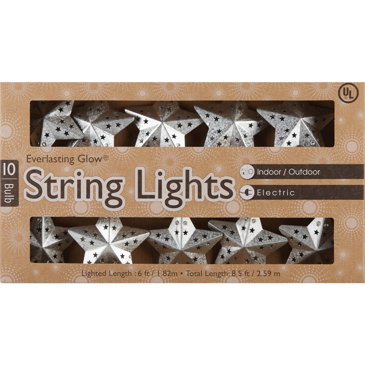 Everlasting Glow 8.5 Ft. 10-Light Warm White Silver Galvanized Star String Lights
