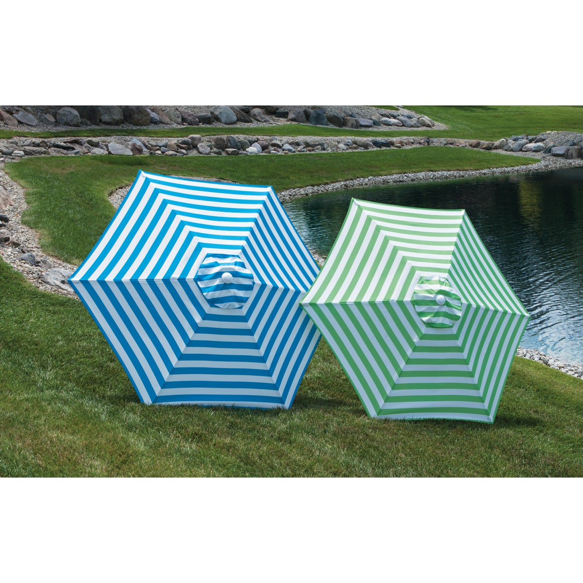 Outdoor Expressions 7.5 Ft. Tilt/Crank Green Striped Patio Umbrella