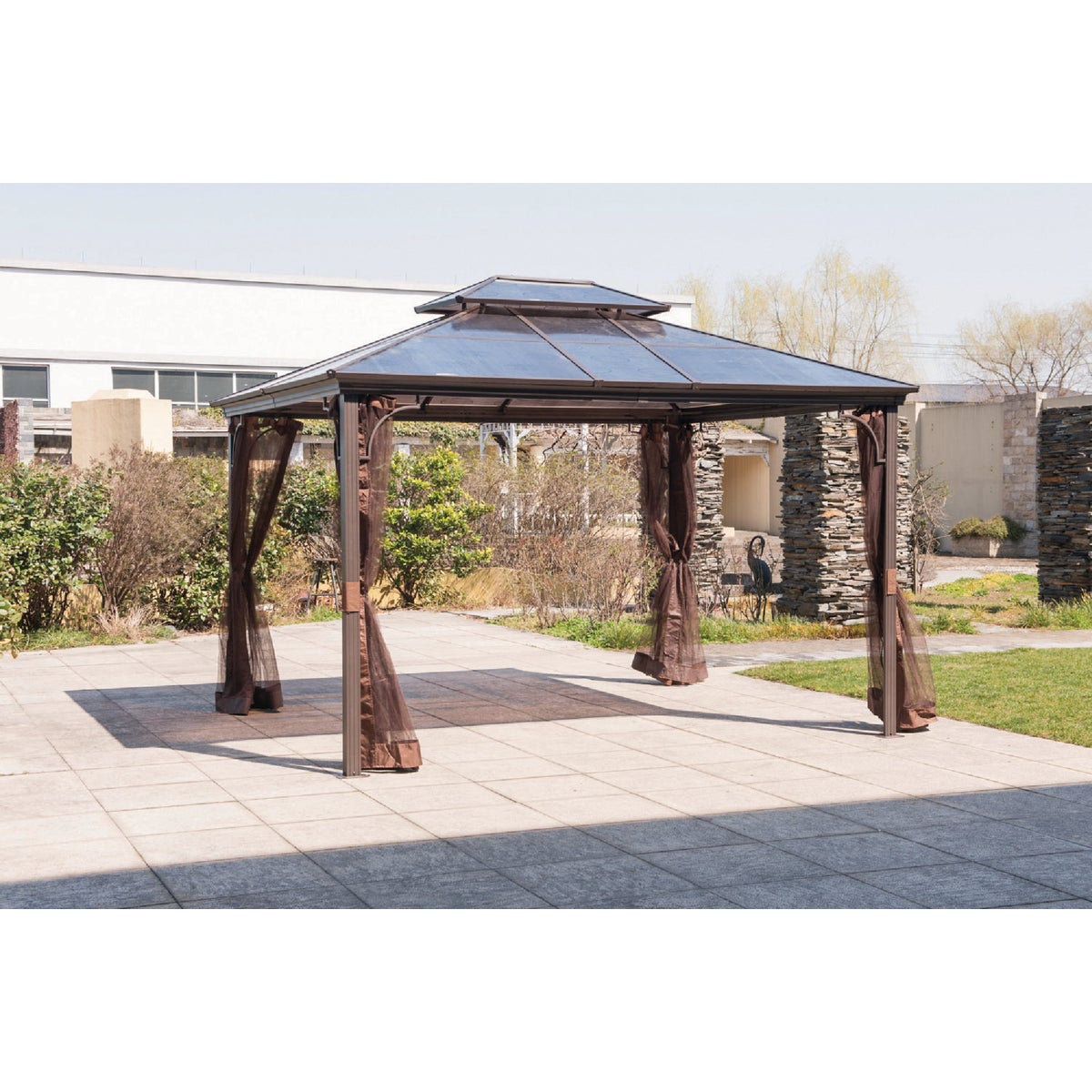 SunJoy 10 Ft. W. 10 Ft. H. x 12 Ft. L. Brown Steel Hard Top Gazebo