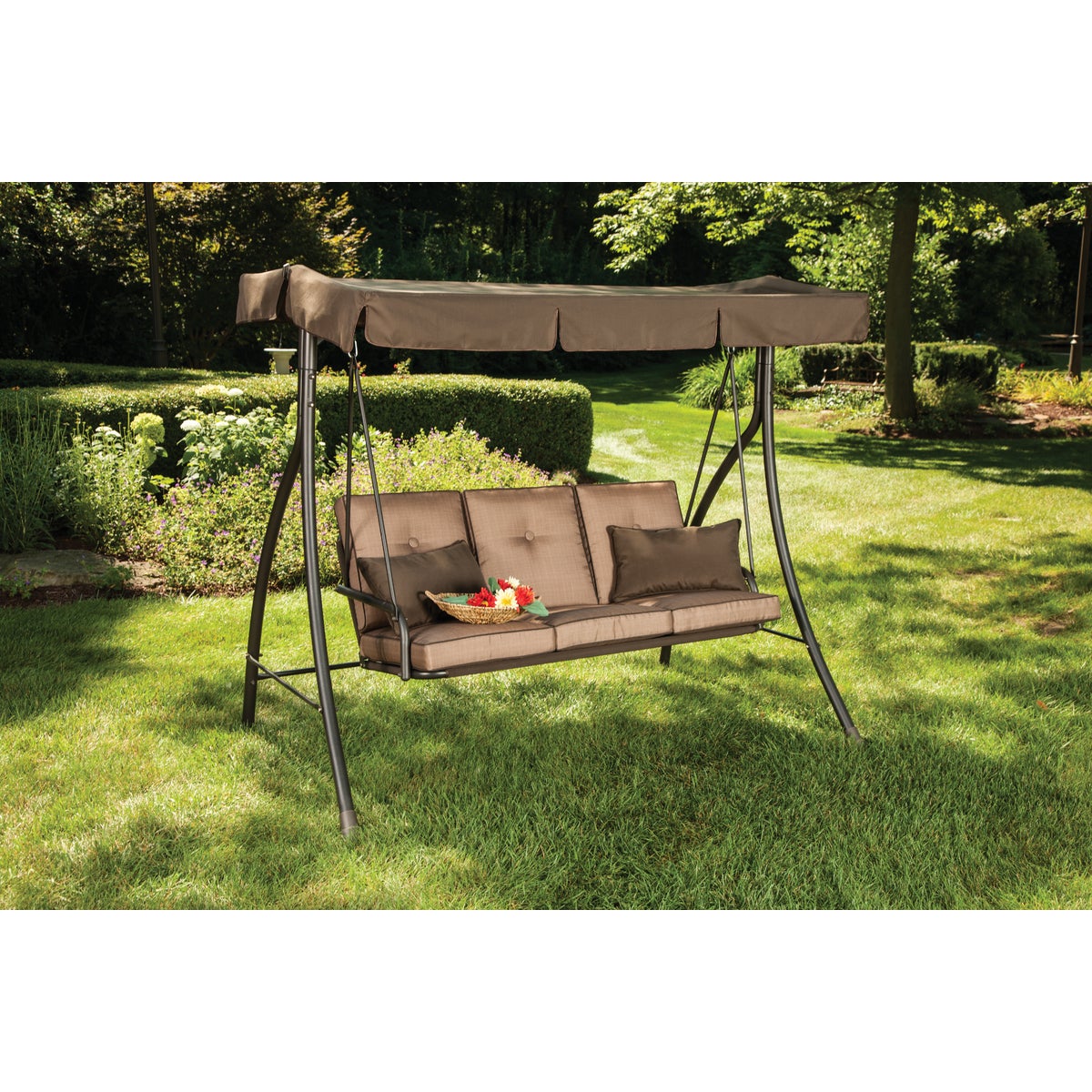 Outdoor Expressions 3-Person 77 In. W. x 69 In. H. x 53 In. D. Brown Patio Swing