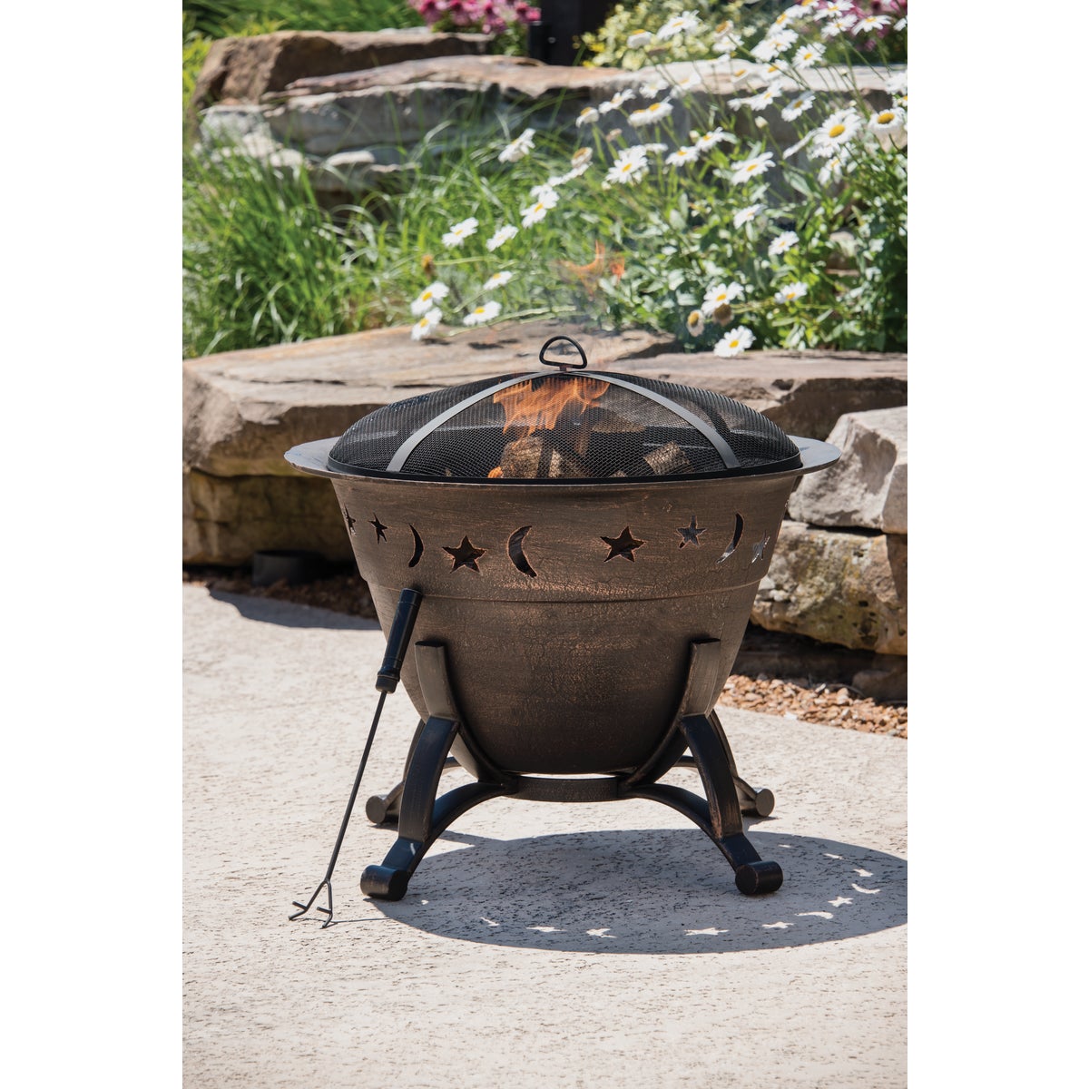 Outdoor Expressions 29 In. Moon & Stars Antique Bronze Round Cast Iron Fire Pit