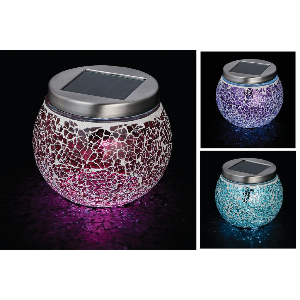 Outdoor Expressions 3.5 In. H. x 3.5 In. Dia. Green, Red, or Purple Crackled Glass Tabletop Solar Patio Light