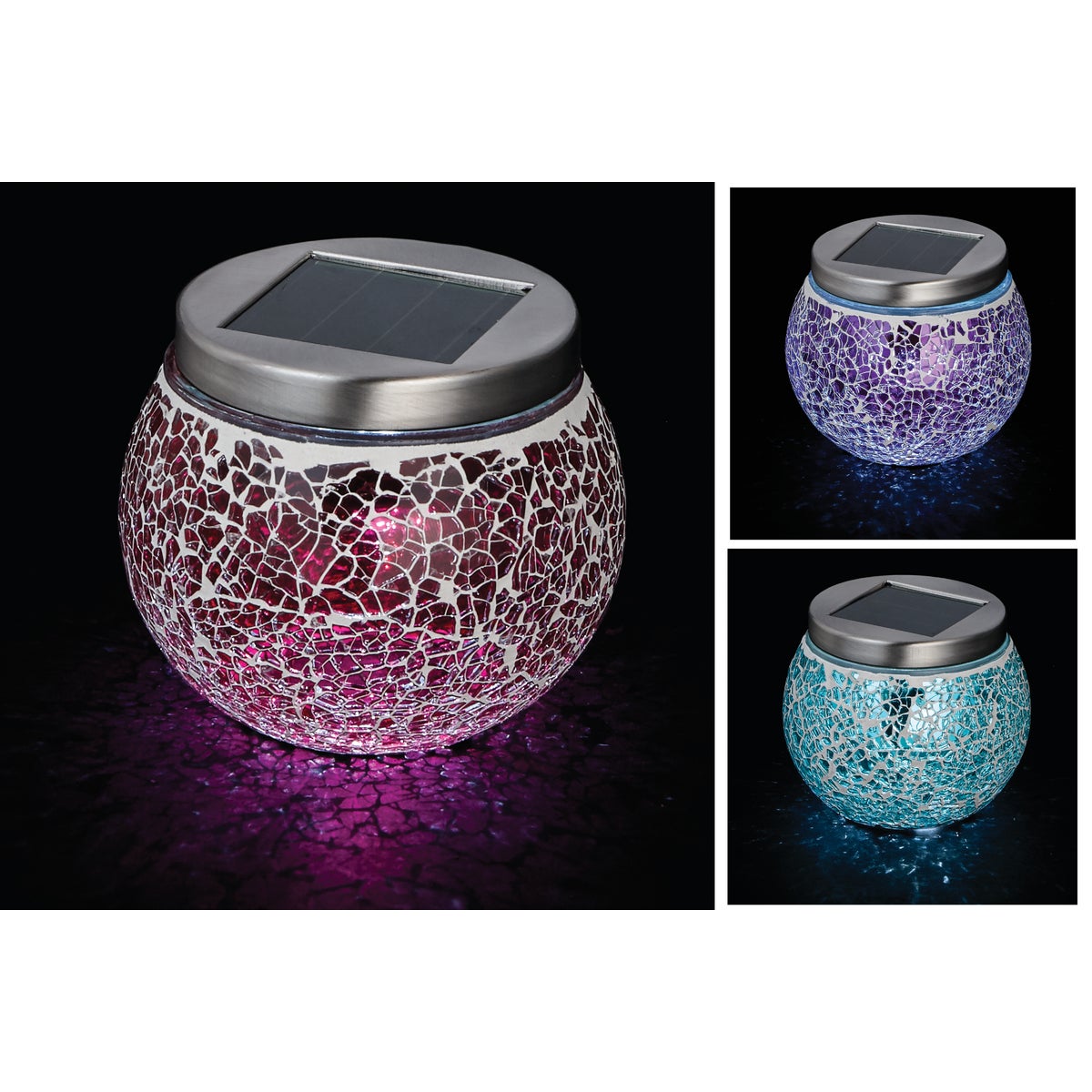 Outdoor Expressions 3.5 In. H. x 3.5 In. Dia. Green, Red, or Purple Crackled Glass Tabletop Solar Patio Light