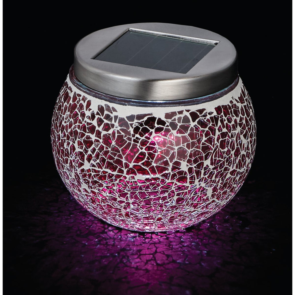 Outdoor Expressions 3.5 In. H. x 3.5 In. Dia. Green, Red, or Purple Crackled Glass Tabletop Solar Patio Light