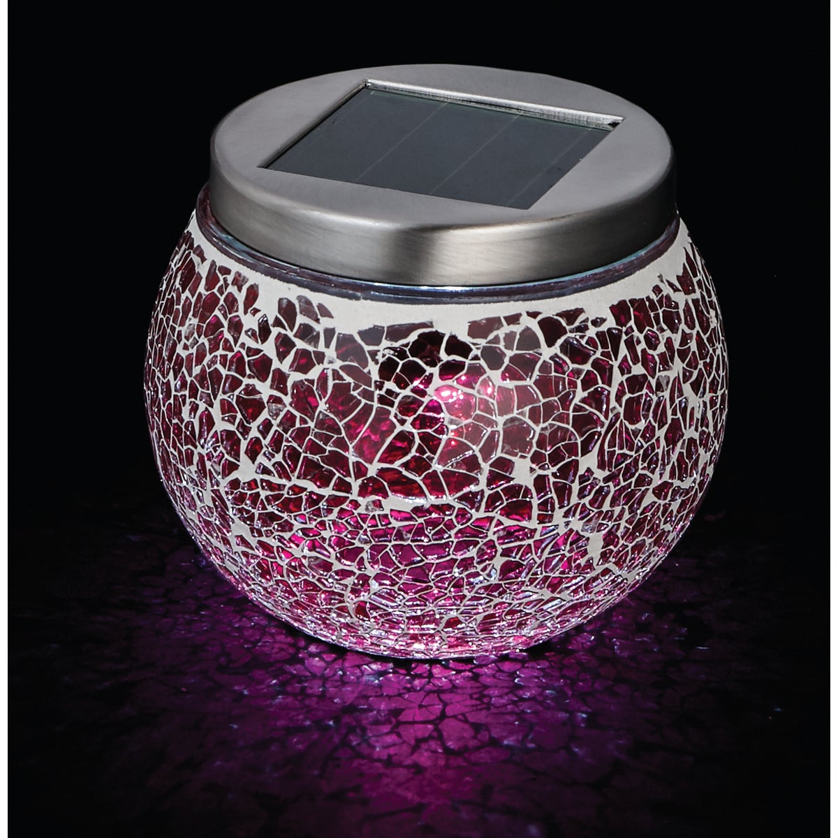 Outdoor Expressions 3.5 In. H. x 3.5 In. Dia. Green, Red, or Purple Crackled Glass Tabletop Solar Patio Light