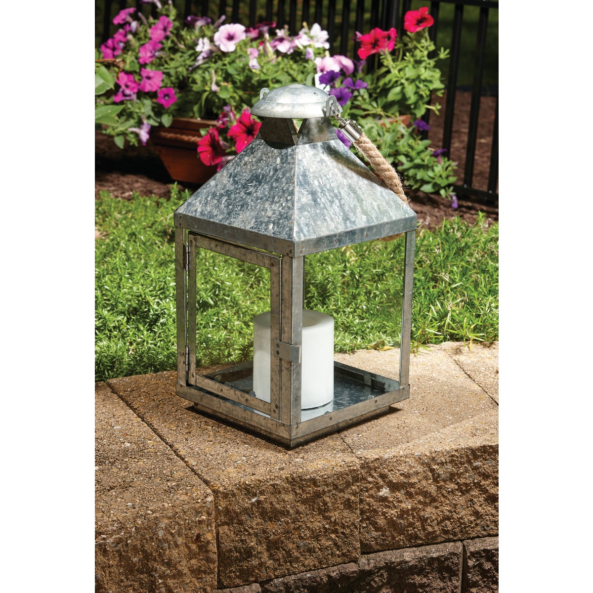 Paradise 6.30 In. W. x 12.60 In. H. Glavanized Metal LED Lantern with Rope Handle Patio Light
