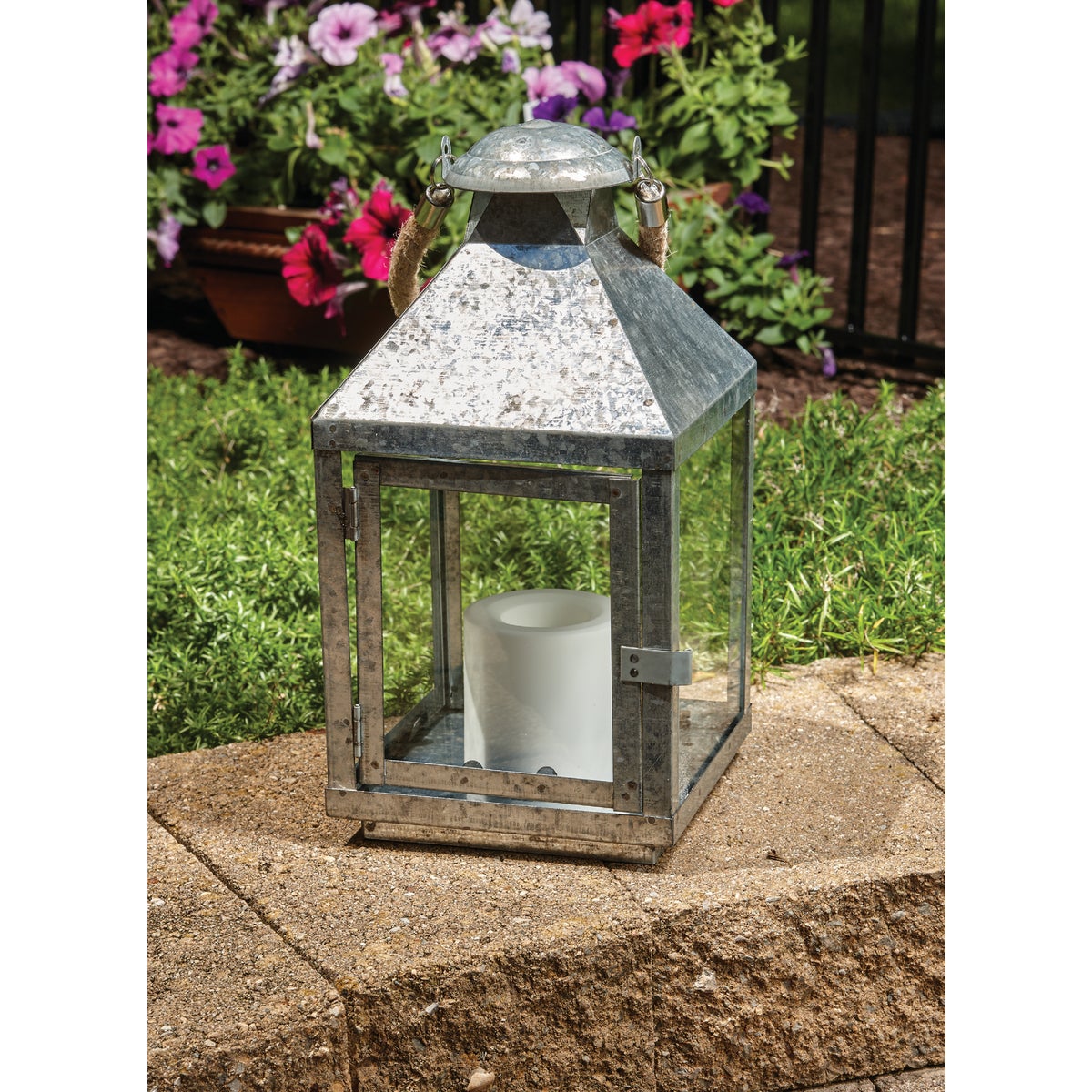 Paradise 6.30 In. W. x 12.60 In. H. Glavanized Metal LED Lantern with Rope Handle Patio Light