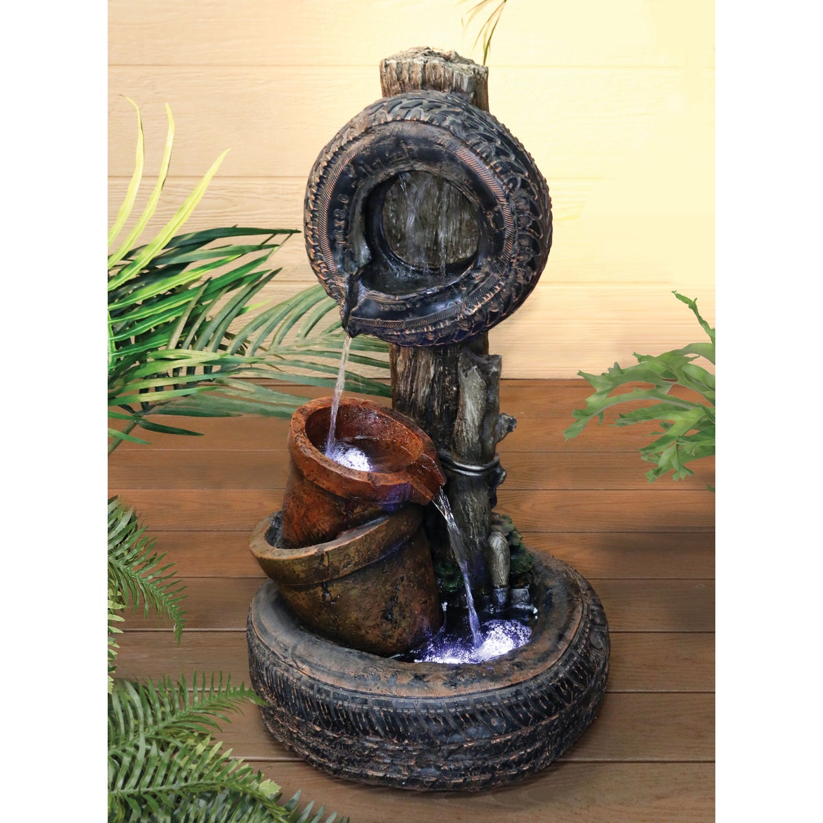 Alpine 15 In. W. x 32 In. H. x 18 In. L. Polyresin Tire & Buckets Fountain