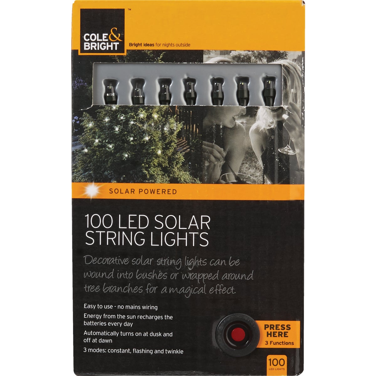 Cole & Bright 36 Ft. 100-Light White Bulb Solar String Lights