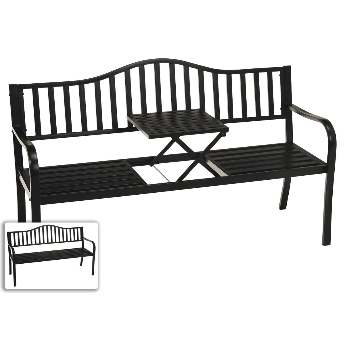 Outdoor Expressions 59 In. L. Antique Bronze Finished Steel Park Bench with Pop-up Center Table