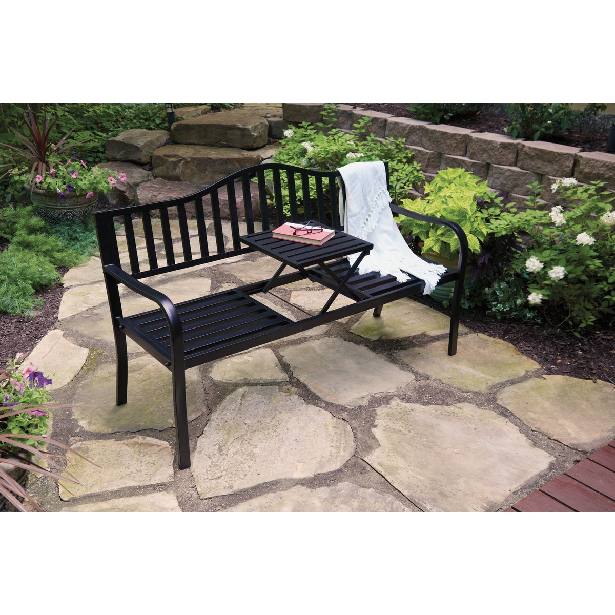 Outdoor Expressions 59 In. L. Antique Bronze Finished Steel Park Bench with Pop-up Center Table