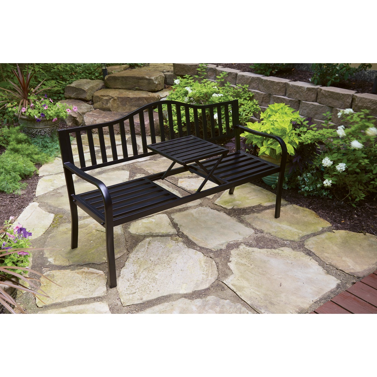 Outdoor Expressions 59 In. L. Antique Bronze Finished Steel Park Bench with Pop-up Center Table