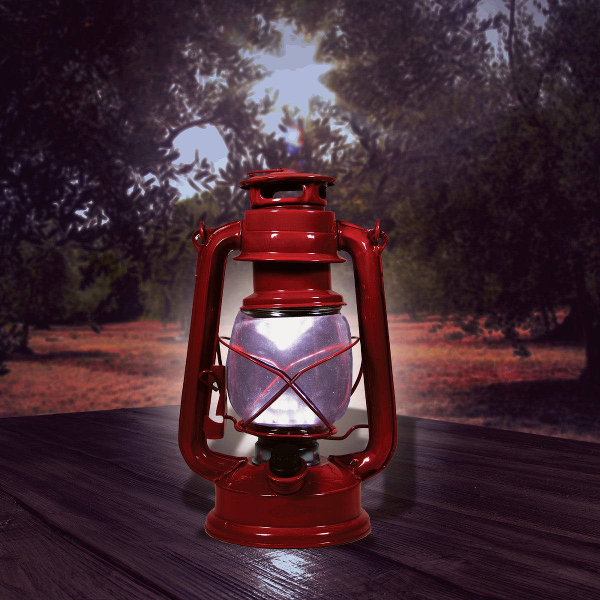 Alpine 5 In. W. x 9 In. H. x 6 In. L. Red Cool White LED Hurricane Patio Lantern