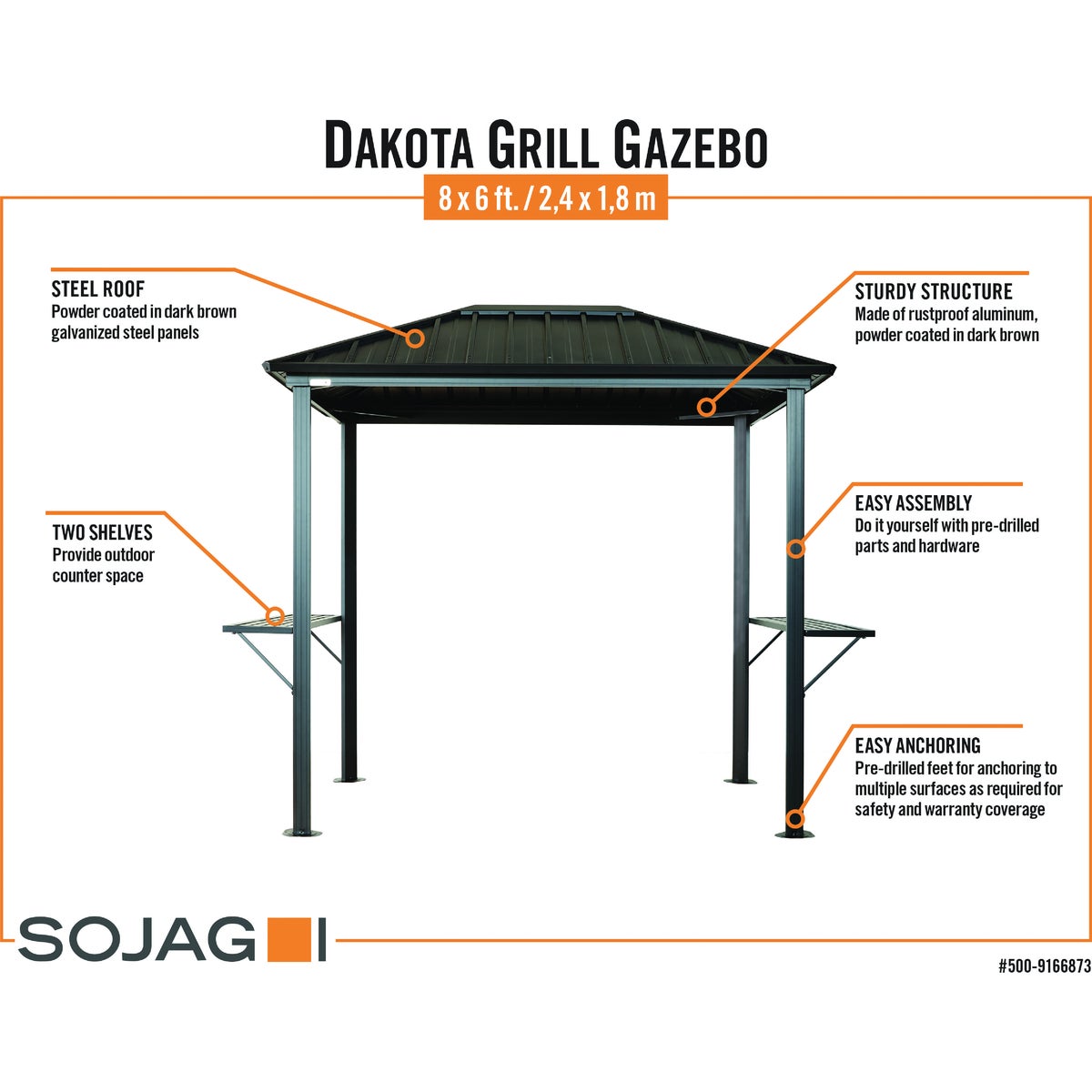 Sojag Dakota 6 Ft. x 8 Ft. Brown Powder-Coated Metal Grill Gazebo with Shelves