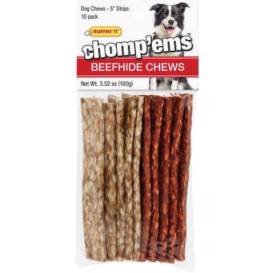 Westminster Pet Ruffin' it Chomp'ems Beef Strip 5 In. Beefhide Chew, (10-Pack)