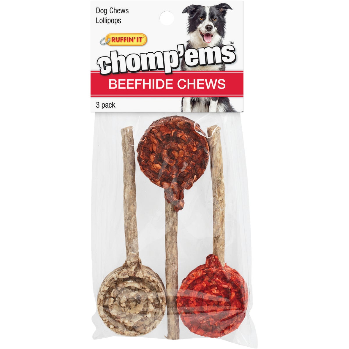 Westminster Pet Ruffin' it Chomp'ems Beefhide Lollipop Chew, (3-Pack)