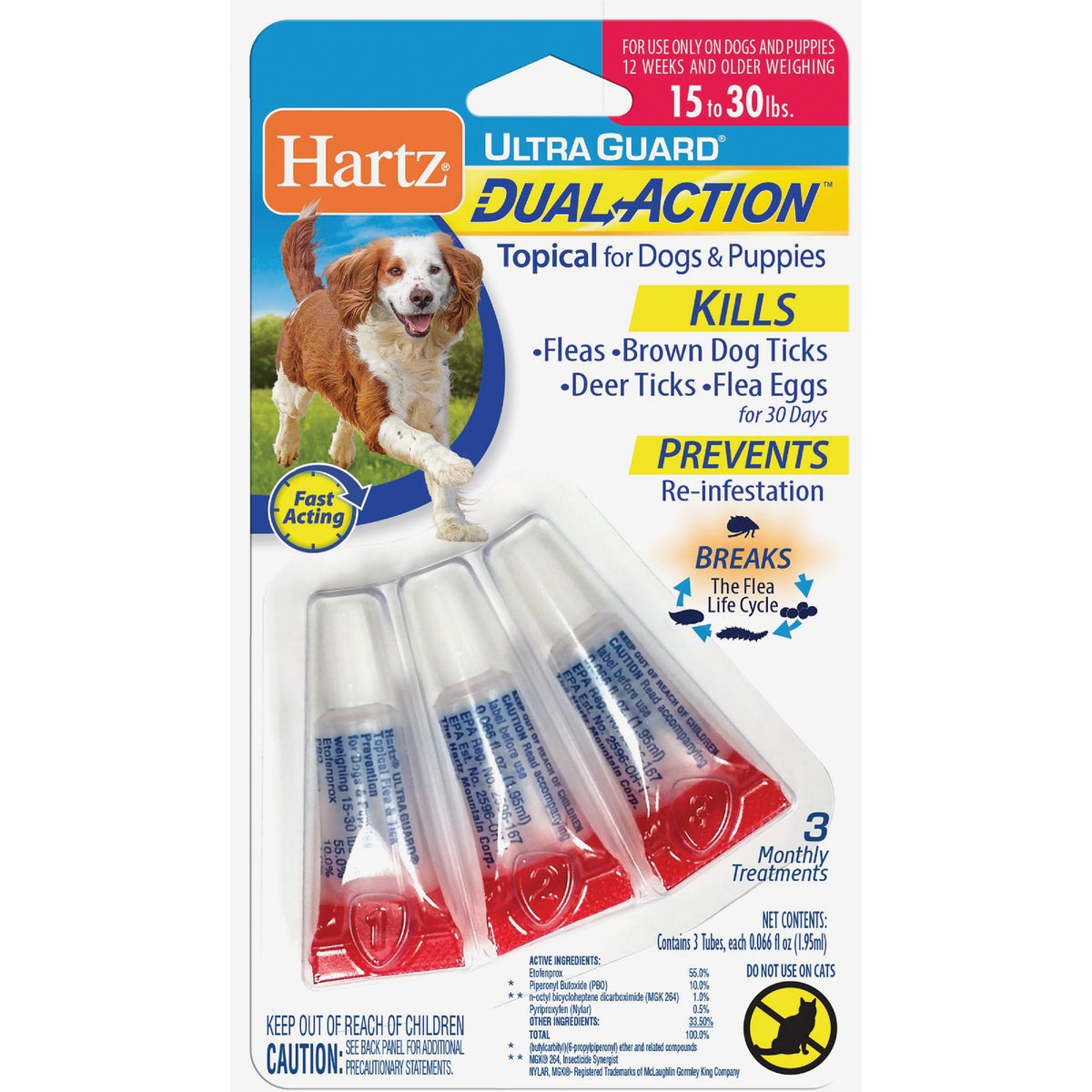 Hartz UltraGuard Dual Action 3-Month Supply Flea & Tick Treatment For Dogs & Puppies From 15 to 30 Lb.