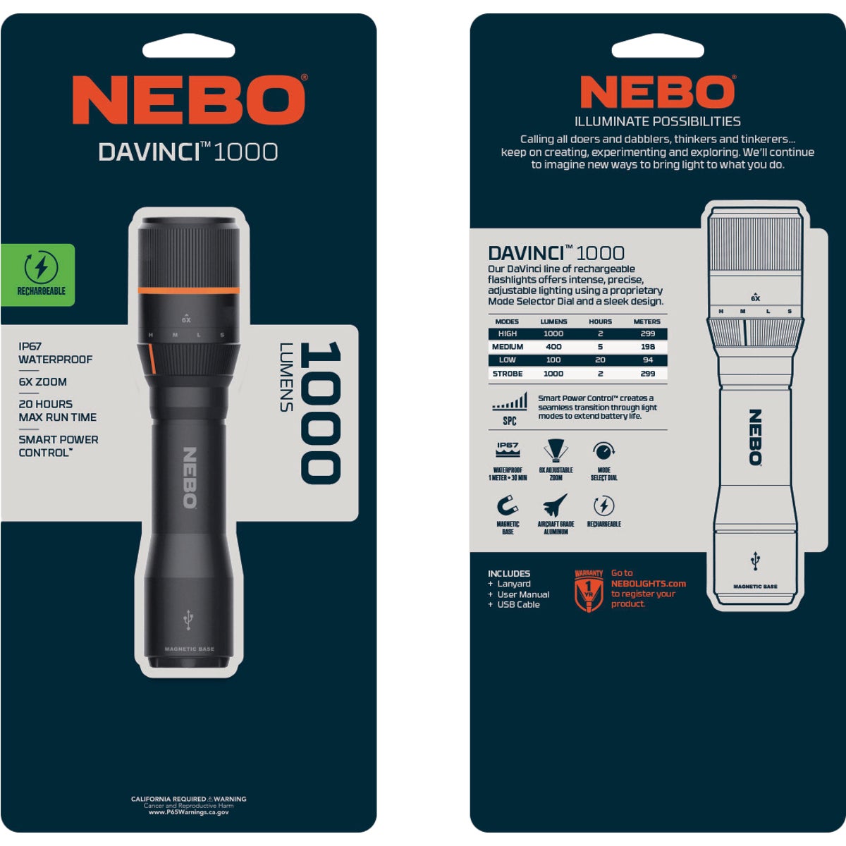 Nebo DaVinci LED Anodized Aluminum 1000 Lm. Rechargeable Flashlight