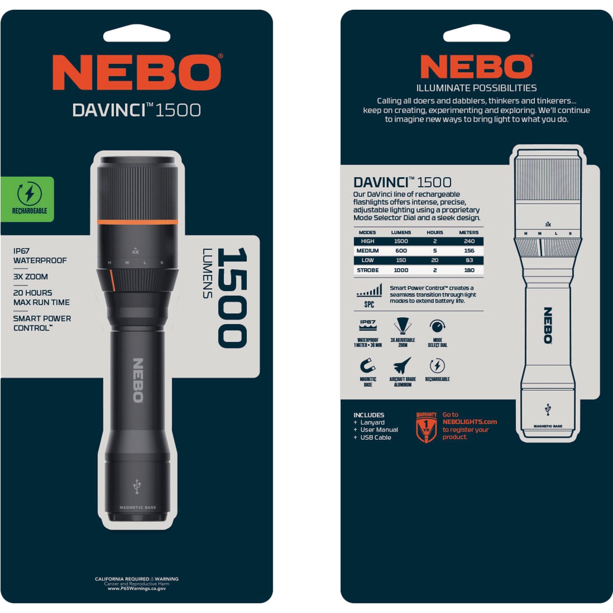 Nebo DaVinci LED Anodized Aluminum 1500 Lm. Rechargeable Flashlight