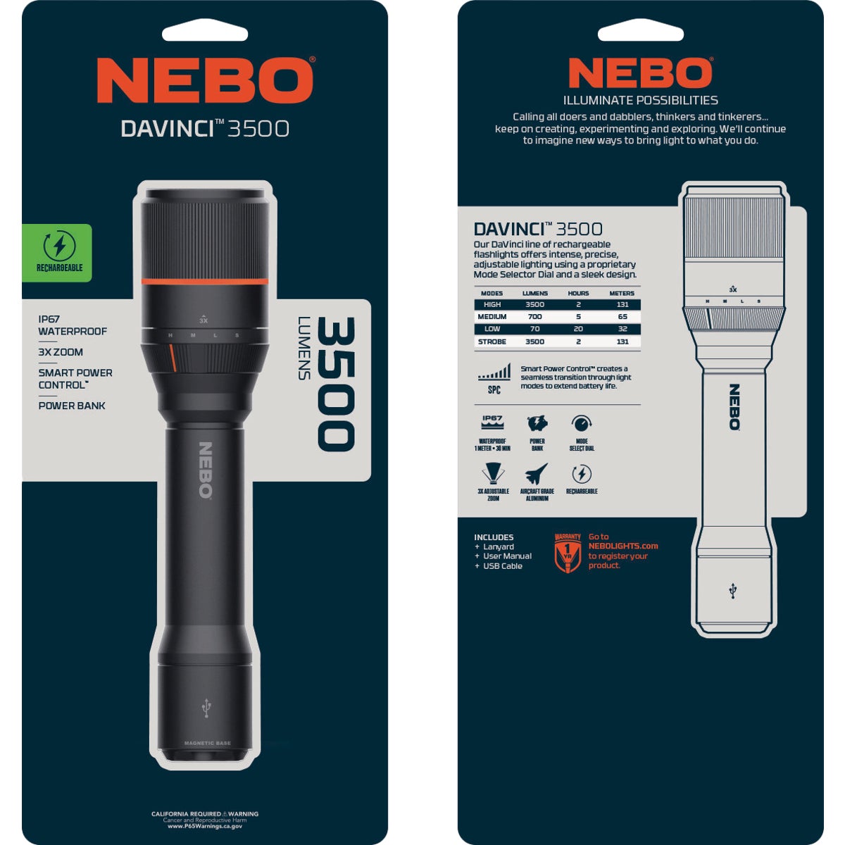 Nebo DaVinci LED Anodized Aluminum 3500 Lm. Rechargeable Flashlight